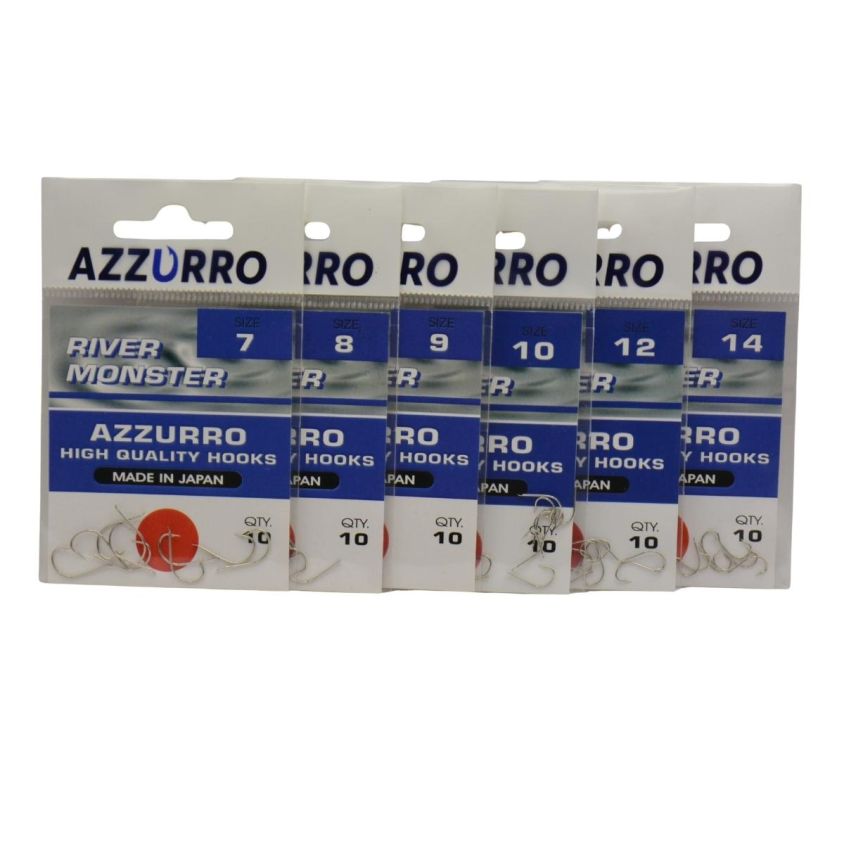 AZZURRO River Monster куки –размери 7–14, по 10 бр. в пакет, подредени в редица