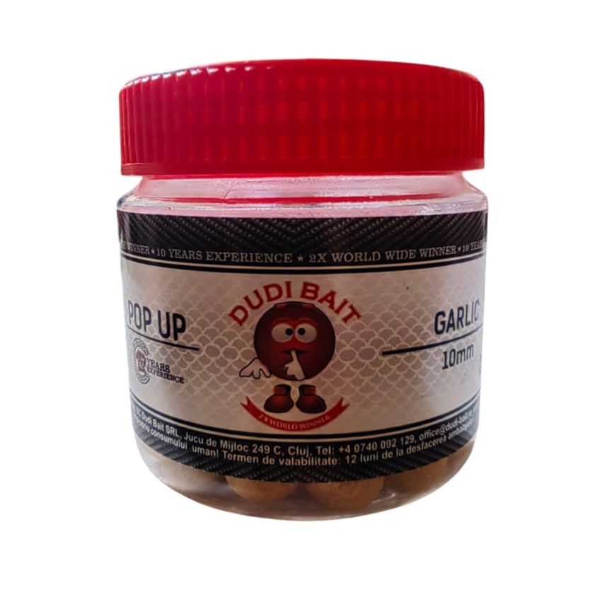 Плуващи дъмбели за риболов DUDI BAIT Pop Up Garlic 10mm 20g – Пълна гледка на продукта с аромат на чесън
