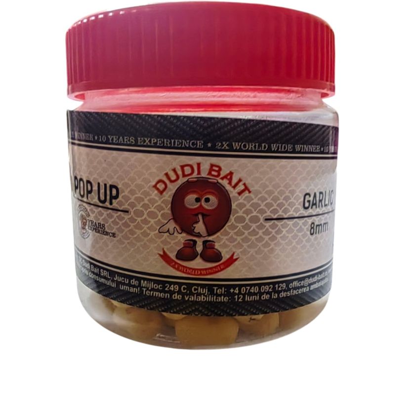 Плуващи дъмбели за риболов DUDI BAIT Pop Up Garlic 8mm 20g – Пълна гледка на продукта с аромат на чесън.