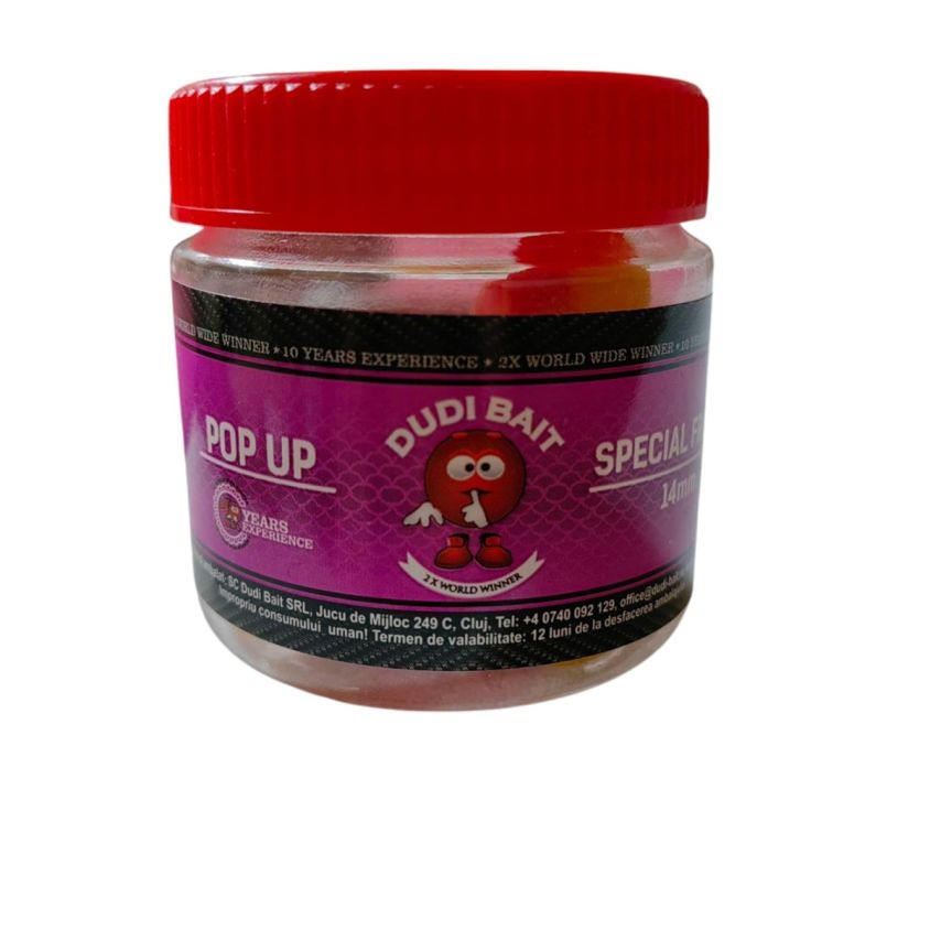 Плуващи пушещи дъмбели Dudi Bait Pop Up Squid Fructe 14mm 20g - основна снимка на продукта с атрактивен плодов аромат и зелена пушеща течност