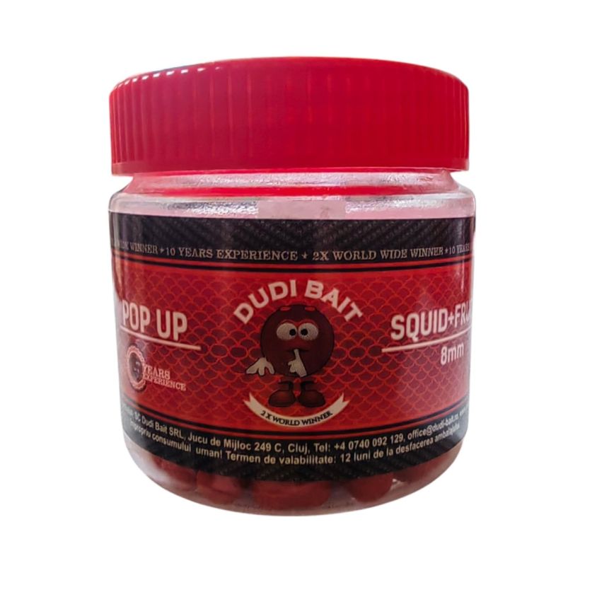 Основна снимка на плуващи дъмбели за риболов DUDI BAIT Pop Up Squid & Fruits 8mm 20g – с ярка привлекателност и уникален аромат на калмар и плодове.