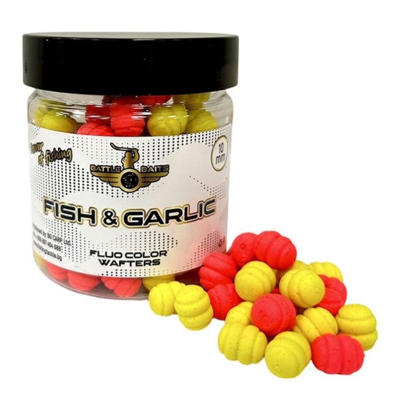 Метод фидер дъмбели Battle Baits Fluo LED Wafters Fish & Garlic 10mm 30g
Иновативни фидер дъмбели с флуорисцентен ефект и силен аромат Риба и Чесън. С размер 10 мм и опаковка от 30 г, дъмбелите са перфектни за метод фидер риболов на шаран, каракуда и пла