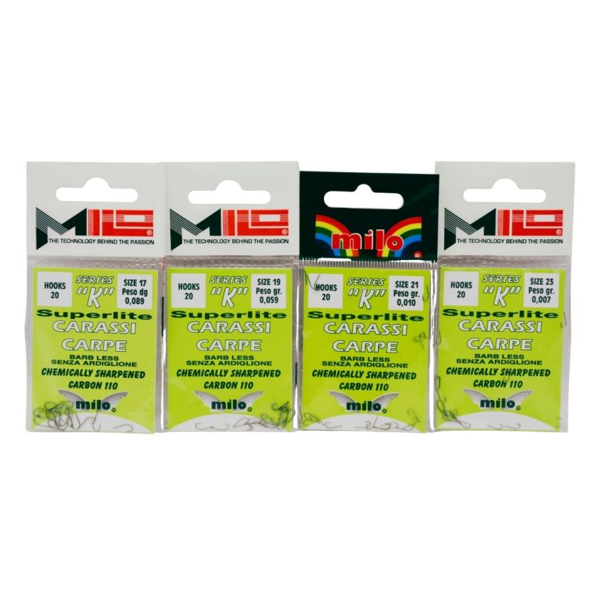 MILO Series K куки –размери 17–23, по 20 бр. в пакет, подредени в редица