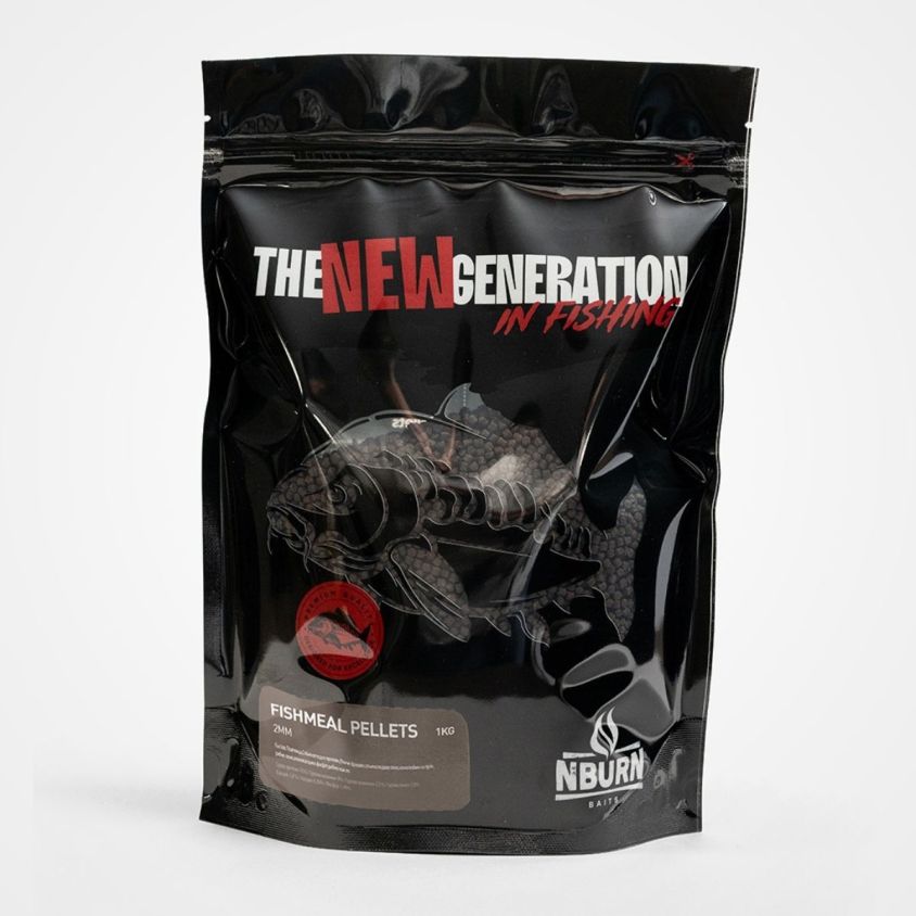 Рибни пелети N-BURN BAITS Fish Meal Pellets 2mm 1kg – фронтална продуктова снимка на затворена опаковка с рибни пелети, предназначени за българския пазар