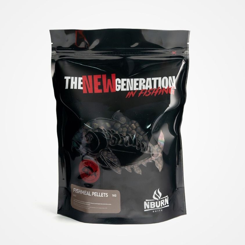 Рибни пелети N-BURN BAITS Fish Meal Pellets Mix 4–9mm 1kg – фронтална продуктова снимка на затворена опаковка с микс рибни пелети за захранване при шарански и фидер риболов
