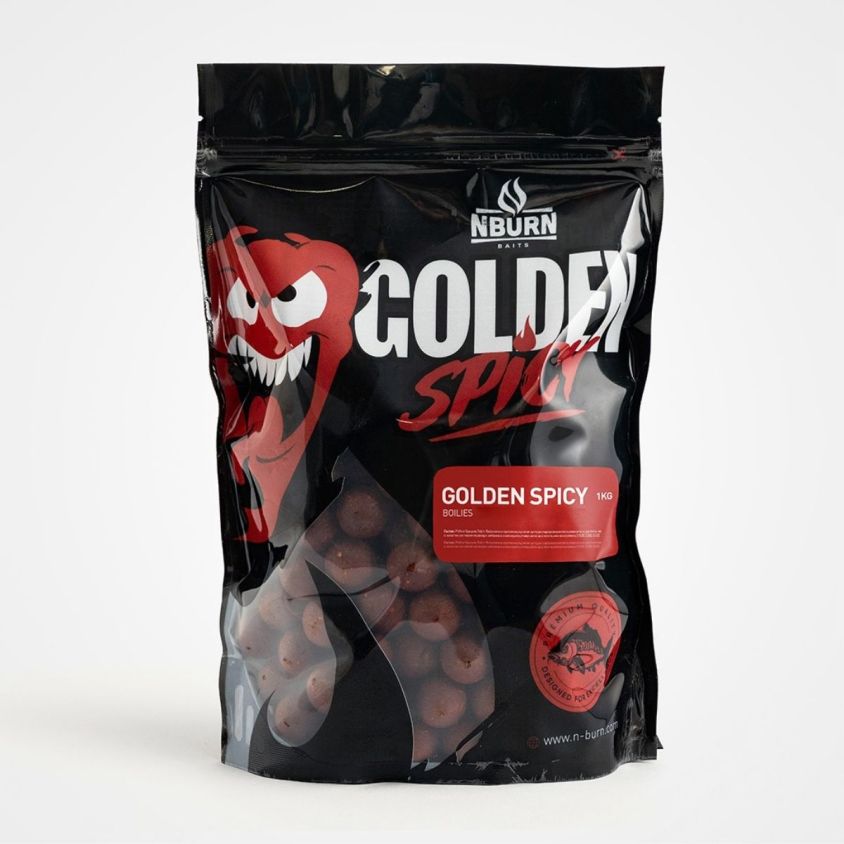 Протеинови топчета N-BURN BAITS Golden Spicy 20mm 1kg – фронтална продуктова снимка на затворена опаковка с пикантни шарански топчета, предназначени за българския пазар