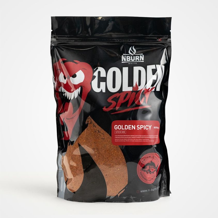 Микс за ПВА N-BURN BAITS Golden Spicy – фронтална продуктова снимка на затворена опаковка с пикантен PVA микс за шарански риболов, предназначен за българския пазар