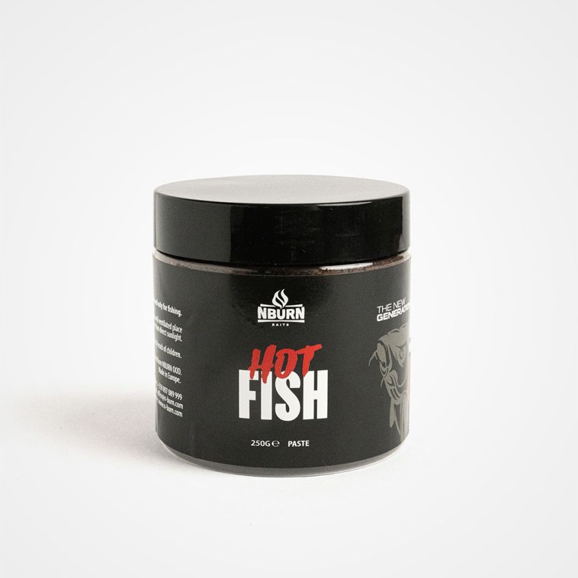 Разтворима паста N-BURN BAITS Hot Fish 290g – продуктова снимка на затворена опаковка с рибен аромат за шарански риболов