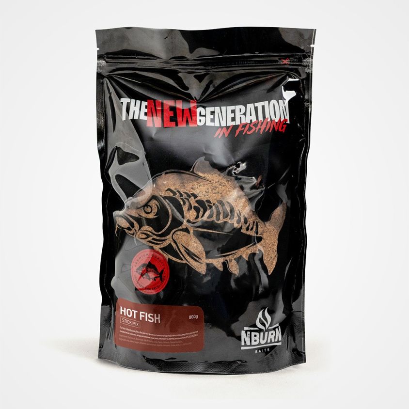 Микс за ПВА N-BURN BAITS Hot Fish 800g – опаковка stick mix за PVA мрежи и торбички за шарански риболов“