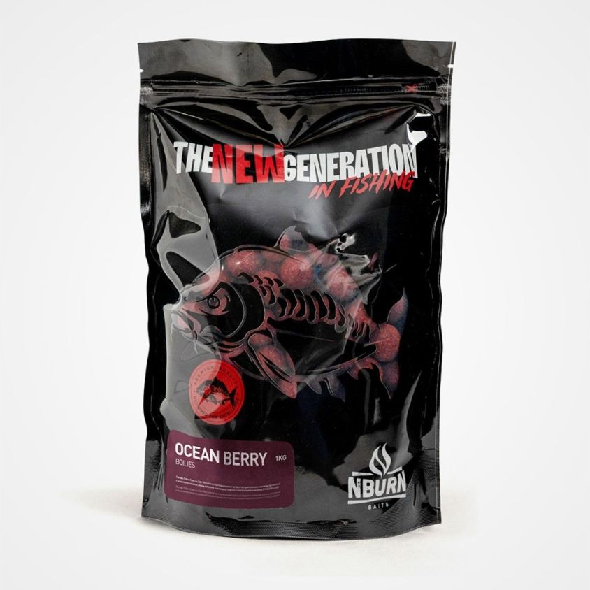 Протеинови топчета N-BURN BAITS Ocean Berry 20mm 1kg – фронтална продуктова снимка на затворена опаковка с ароматизирани шарански топчета, предназначени за българския пазар