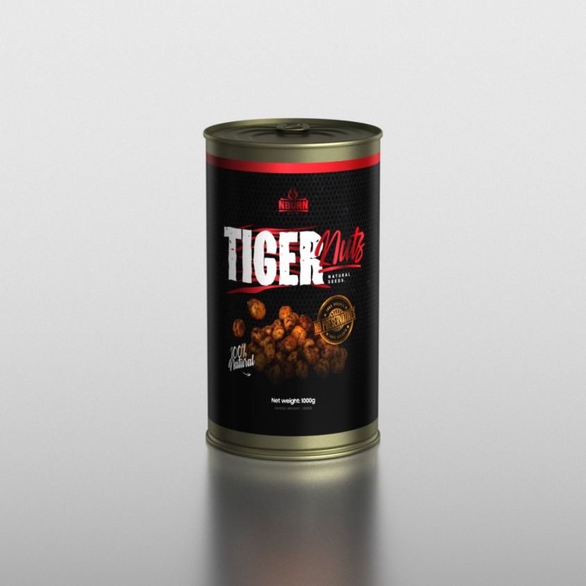 Тигров фъстък N-BURN BAITS Tiger Nuts Natural Seeds 1kg – фронтална продуктова снимка на натурални тигрови ядки в консервена опаковка за шарански риболов