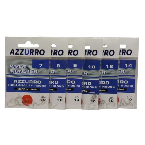 AZZURRO River Monster куки – серия размери 7–14, по 10 бр. в пакет, подредени в редица