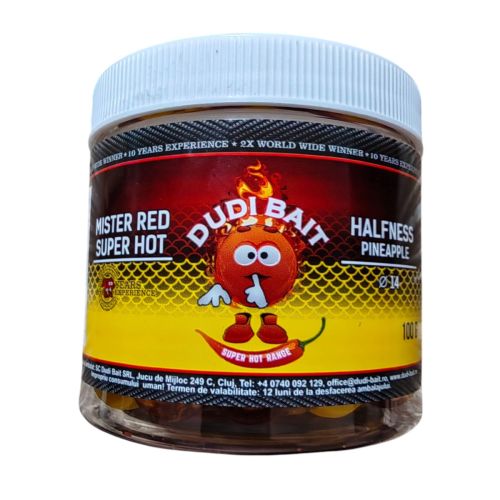 Протеинови топчета за риболов Dudi Bait Hookbait Mister RED Super Hot Halfness 14mm - Ананас и N-butyric Acid, 100g