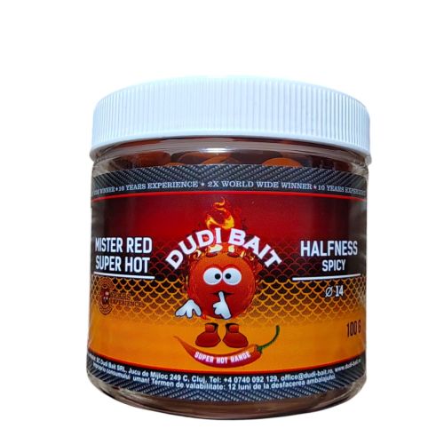 Протеиново топче за риболов Dudi Bait Mister RED Super Hot Halfness 14mm с аромат на SPICY-пикантен аромат, 100g
