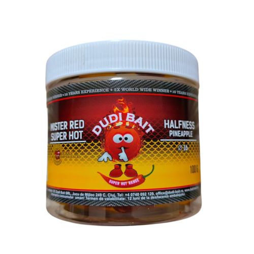 Критично балансирано топче за риболов DUDI BAIT Mister Red Super Hot Halfness 16mm с аромат на ананас и N-бутирикова киселина, 100g