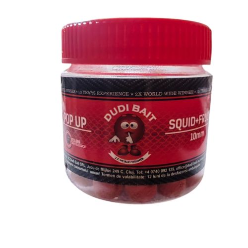 Основна снимка на плуващите дъмбели DUDI BAIT Pop Up Squid & Fruits 10mm 20g с интензивен аромат на калмар и плодове.