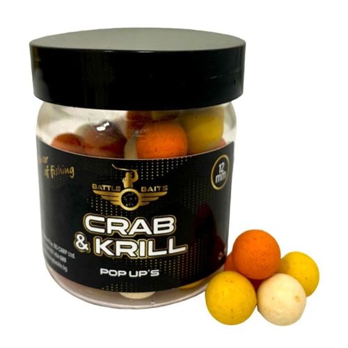 Поп-ъп топчета за риболов BATTLE BAITS Crab & Krill 12mm, в прозрачно бурканче с черен етикет и три цвята топчета – бял, жълт и оранжев.