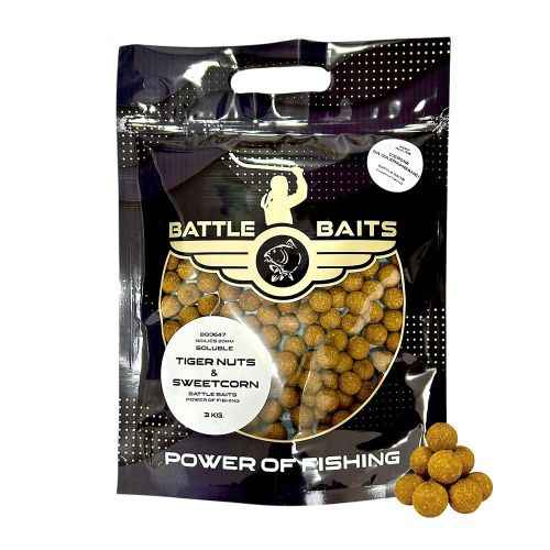 Протеинови топчета BATTLE BAITS Tiger Nuts & Sweetcorn 20 мм – бойли с аромат на Тигров фъстък и царевица, 3 кг за захранване на шаран