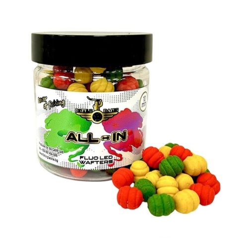 Пушещи фидер дъмбели Battle Baits Fluo LED Wafters All-In 10mm 30g
Иновативни фидер дъмбели с флуорисцентен пушещ ефект и наситен аромат All-In. С размер 10 мм и 30 г опаковка, тези примамки са перфектни за метод фидер риболов, привлекателни за шаран, ка